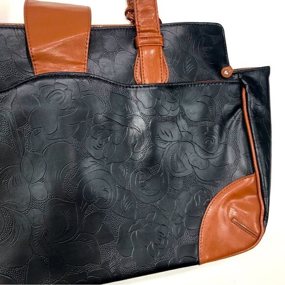 Gigi Hill LA Black Brown Tooled Vegan Leather Extra Large Travel Duffel Tote - Picture 9 of 16